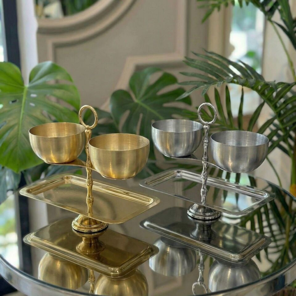 Lüks Terazi Tasarım 2 Katlı Sunumluk Gold-Gümüş Metal Sunum Standı Kuruyemiş, Lokum, Çikolata, Tatlı Gold