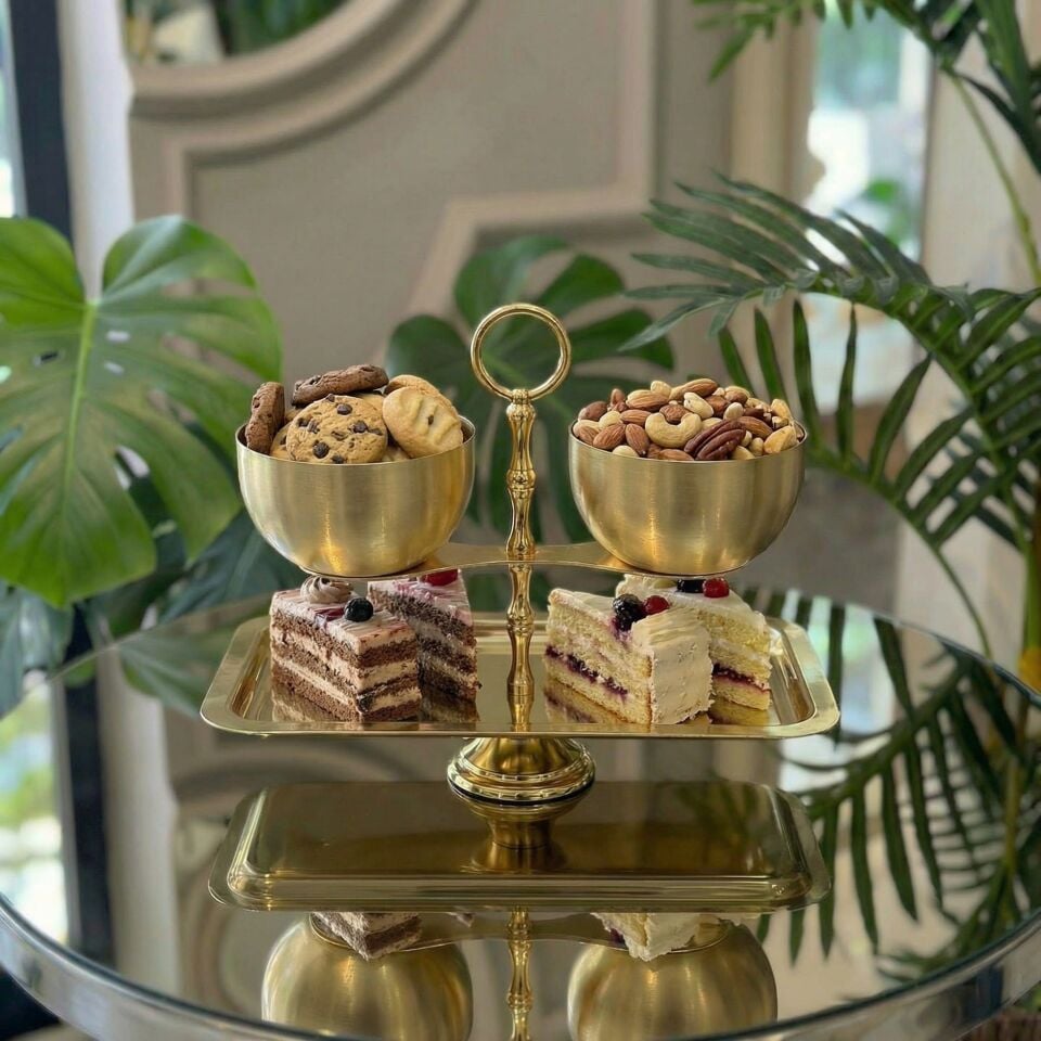 Lüks Terazi Tasarım 2 Katlı Sunumluk Gold-Gümüş Metal Sunum Standı Kuruyemiş, Lokum, Çikolata, Tatlı Gold