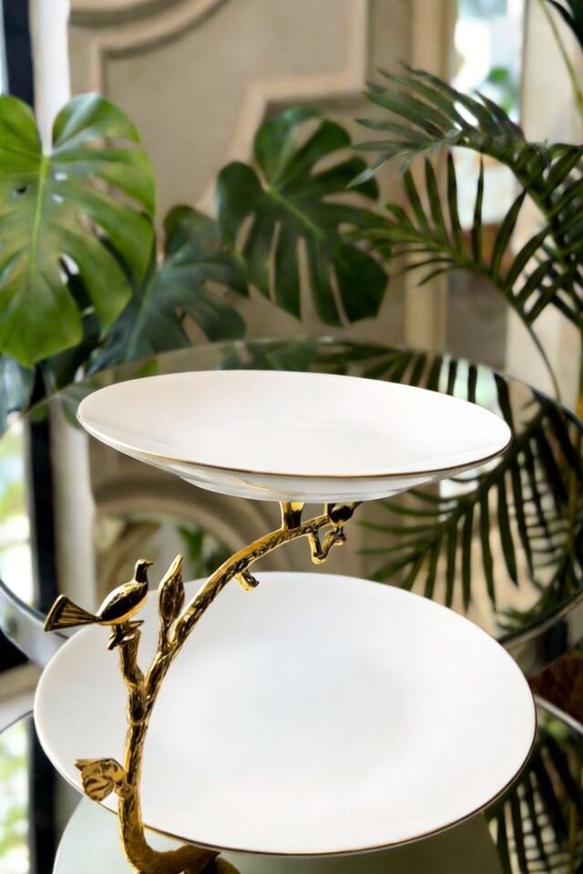 Gold Kuş Detaylı 2 Katlı Porselen Sunumluk – Şık Servis Tabağı, Dekoratif Kurabiyelik & İkramlık Standı