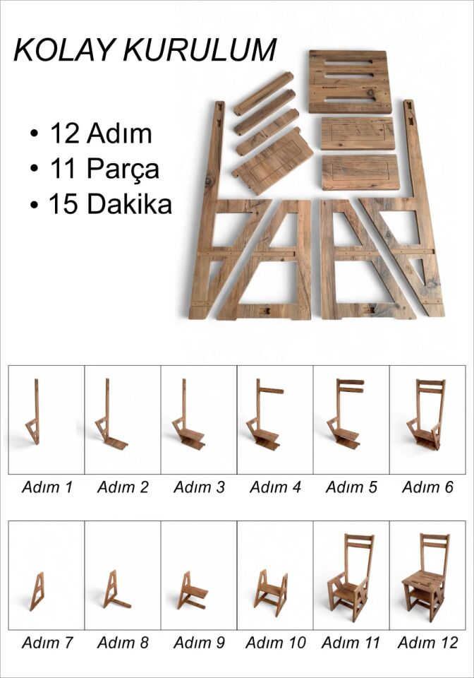 Çok Amaçlı MDF Katlanır Merdivenli Sandalye 2’si 1 Arada 110 Kg Taşıma Kapasitesi eco,