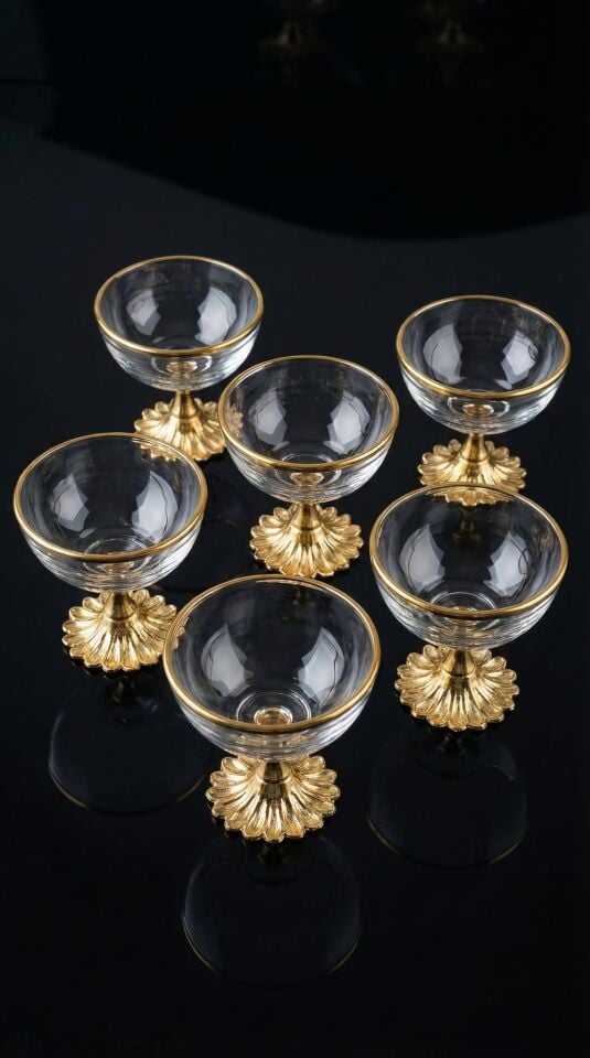 6 lı Gold Ayaklı Cam Lokumluk Şekerlik Çikolatalık Kahve Yanı Sunumluk Dekoratif Kase