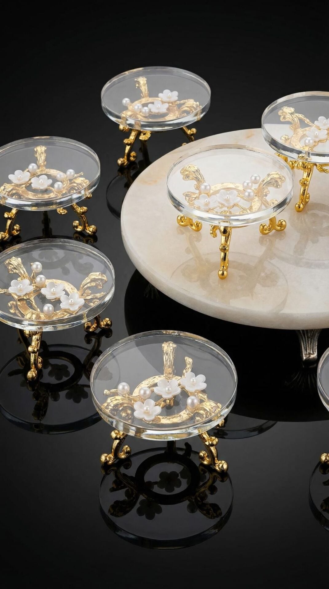 6 lı Gold Ayaklı Pleksi Lokumluk Çikolatalık Kahve Yanı Sunumluk Nişan Söz Yüzük Yükseltici