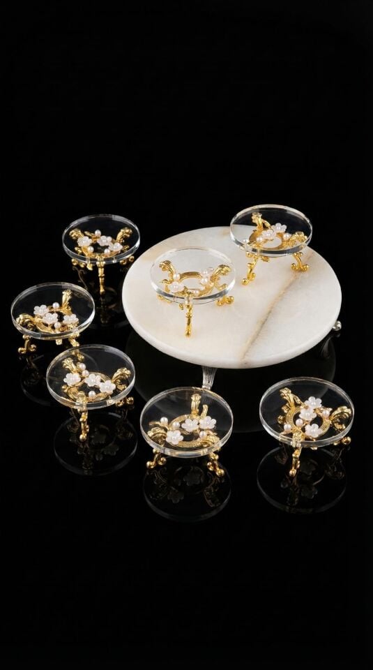 6 lı Gold Ayaklı Pleksi Lokumluk Çikolatalık Kahve Yanı Sunumluk Nişan Söz Yüzük Yükseltici