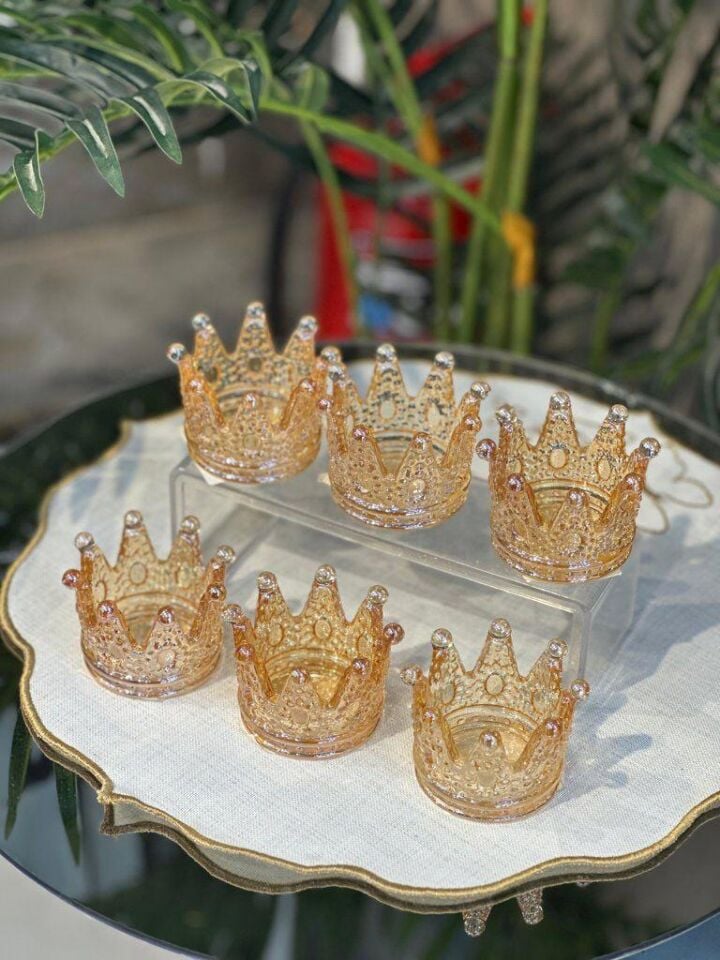 6 lı Lüks Taç Model Cam Lokumluk Şekerlik Çikolatalık Kahve Yanı Sunumluk - Füme - Gold - Janjan