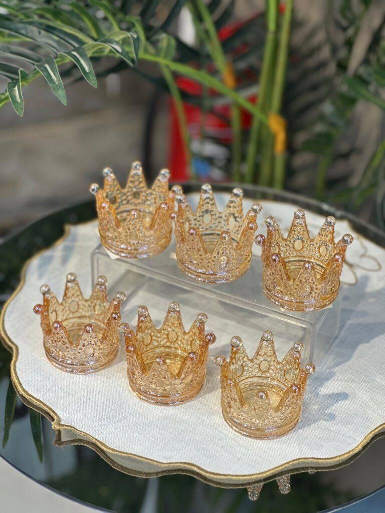 6 lı Lüks Taç Model Cam Lokumluk Şekerlik Çikolatalık Kahve Yanı Sunumluk - Füme - Gold - Janjan Gold