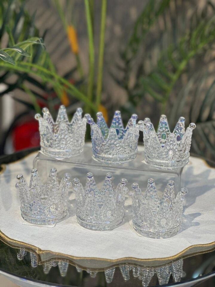 6 lı Lüks Taç Model Cam Lokumluk Şekerlik Çikolatalık Kahve Yanı Sunumluk - Füme - Gold - Janjan Sade Cam