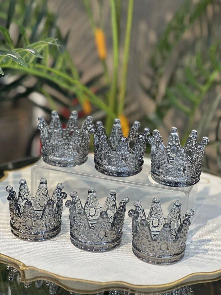 6 lı Lüks Taç Model Cam Lokumluk Şekerlik Çikolatalık Kahve Yanı Sunumluk - Füme - Gold - Janjan Füme