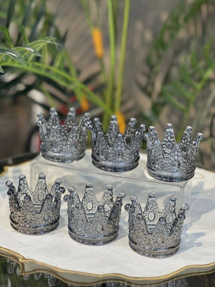 6 lı Lüks Taç Model Cam Lokumluk Şekerlik Çikolatalık Kahve Yanı Sunumluk - Füme - Gold - Janjan Füme