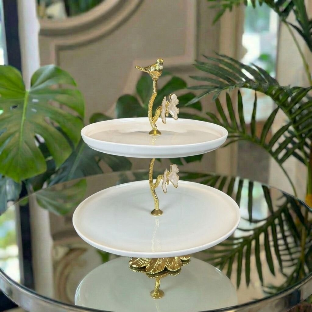 Gold Kuş Figürlü 2 Katlı Sunumluk – Lokumluk, Çikolatalık, Kurabiyelik Sunum Tabağı
