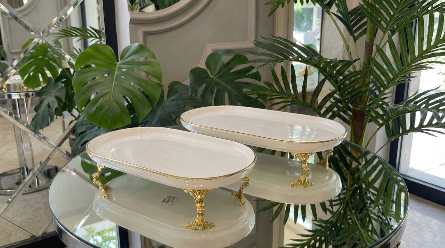 Oval 2’li Porselen Gold Ayaklı Sunumluk Seti – Lokumluk, Çikolatalık, Kurabiyelik Sunum Tabağı