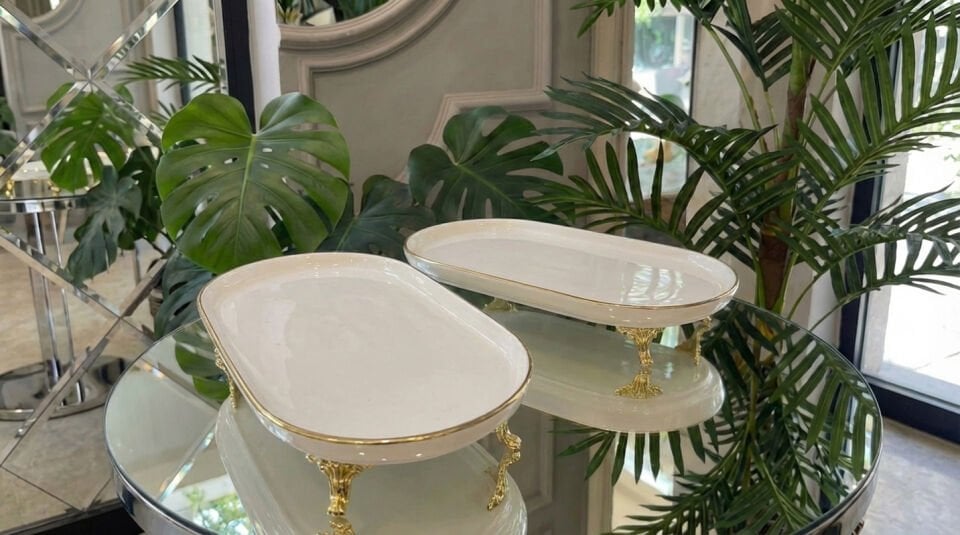 Oval 2’li Porselen Gold Ayaklı Sunumluk Seti – Lokumluk, Çikolatalık, Kurabiyelik Sunum Tabağı