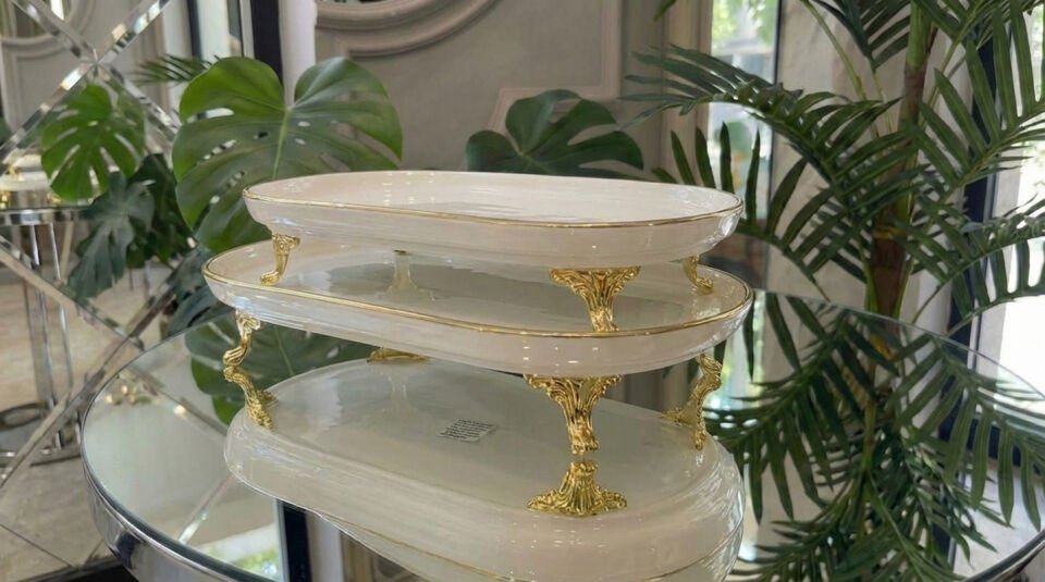 Oval 2’li Porselen Gold Ayaklı Sunumluk Seti – Lokumluk, Çikolatalık, Kurabiyelik Sunum Tabağı