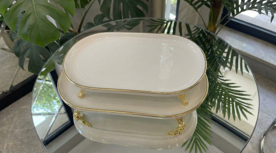 Oval 2’li Porselen Gold Ayaklı Sunumluk Seti – Lokumluk, Çikolatalık, Kurabiyelik Sunum Tabağı