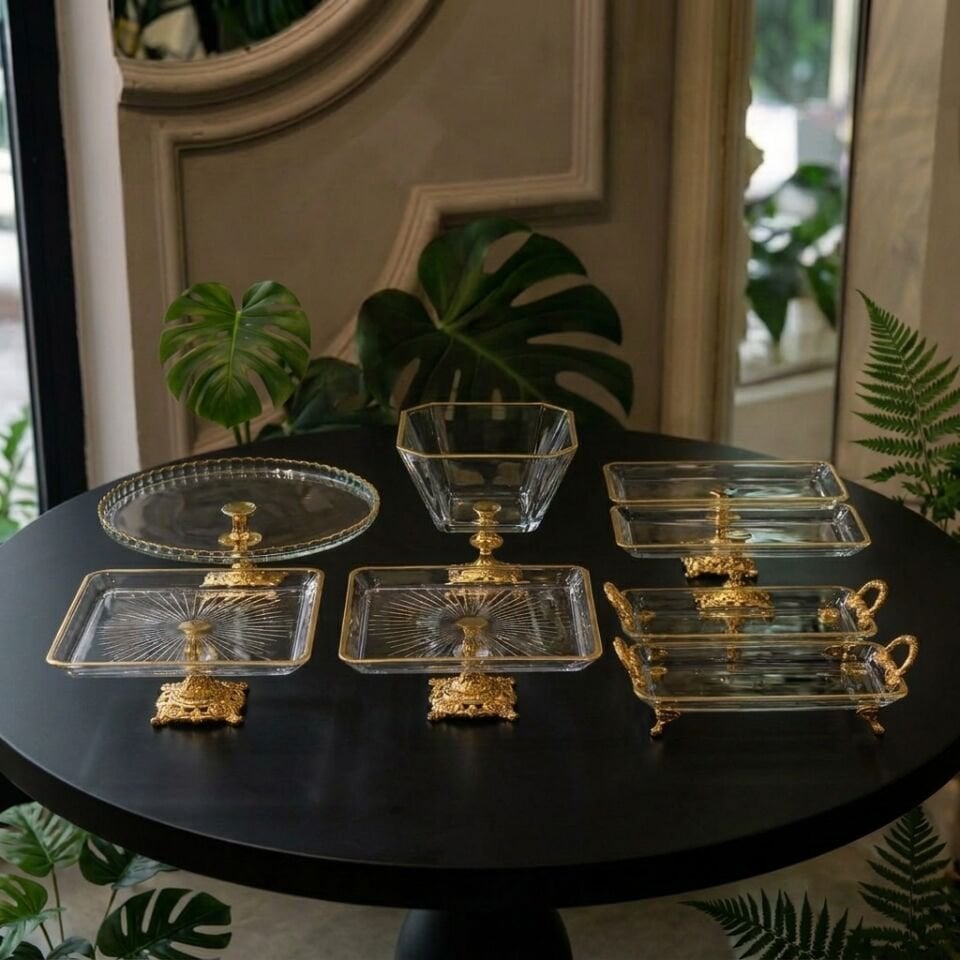 8 Parça Ayaklı ve Kulplu Masa Sunum Tabağı Seti GOLD&GÜMÜŞ