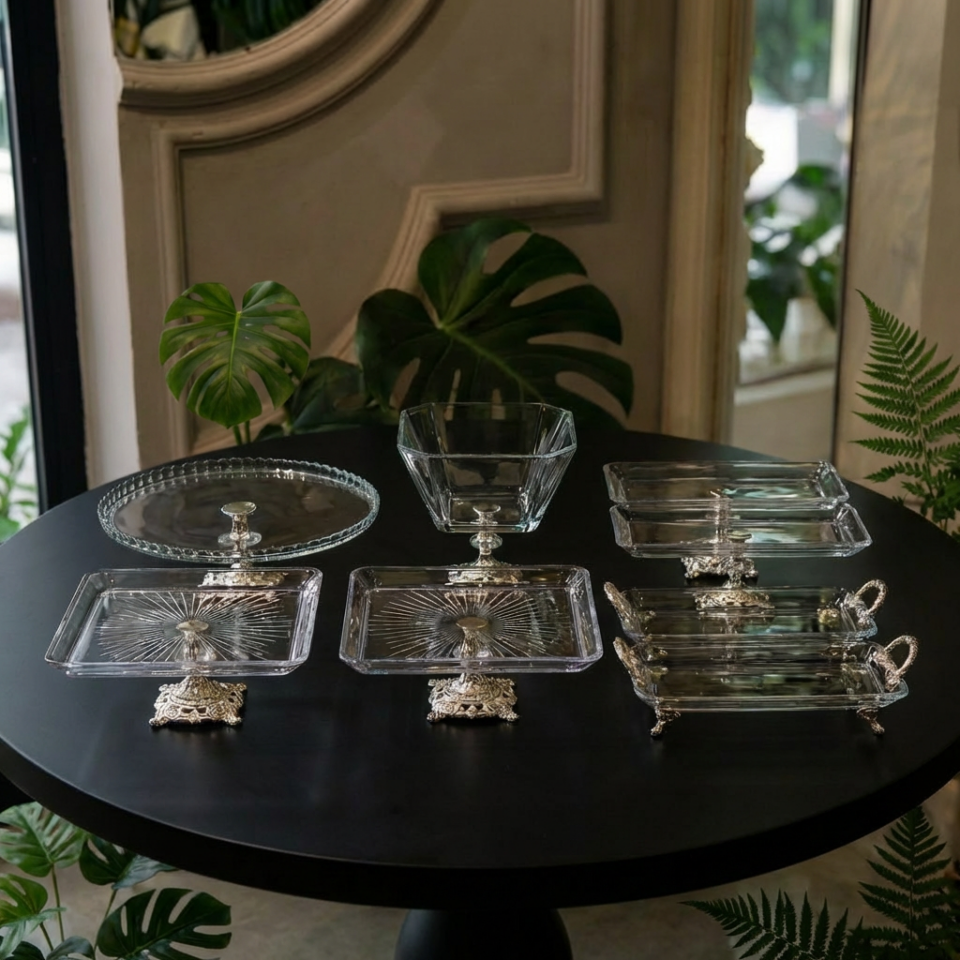 8 Parça Ayaklı ve Kulplu Masa Sunum Tabağı Seti GOLD&GÜMÜŞ Gümüş