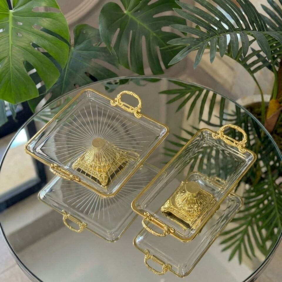 Gold Kulplu Cam 2’li Sunumluk Seti – Lokumluk, Çikolatalık, Kahve Yanı Sunum Tabağı