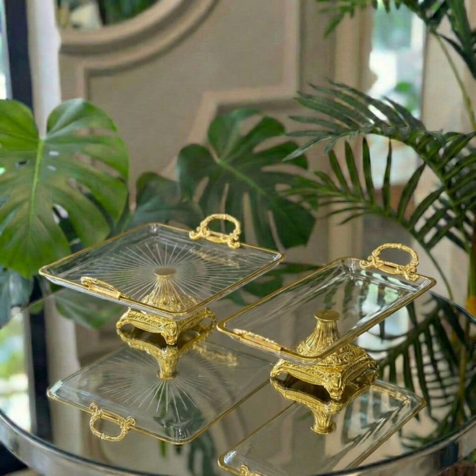 Gold Kulplu Cam 2’li Sunumluk Seti – Lokumluk, Çikolatalık, Kahve Yanı Sunum Tabağı