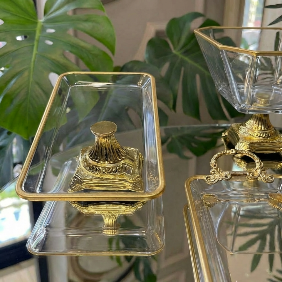 Gold Detaylı Cam 5 Parça Kahve Sunum Seti – Lokumluk, Çikolatalık, Sunumluk Söz Nişan