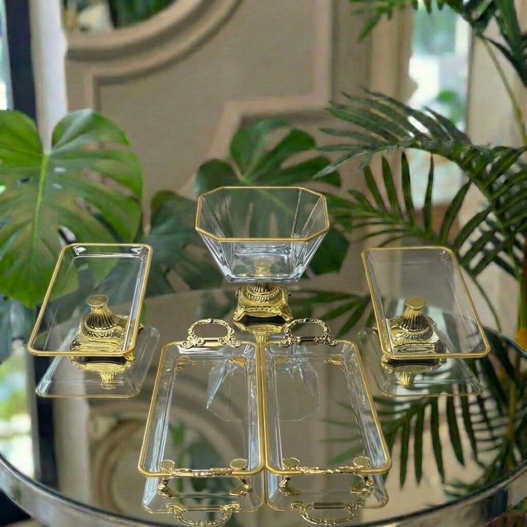 Gold Detaylı Cam 5 Parça Kahve Sunum Seti – Lokumluk, Çikolatalık, Sunumluk Söz Nişan