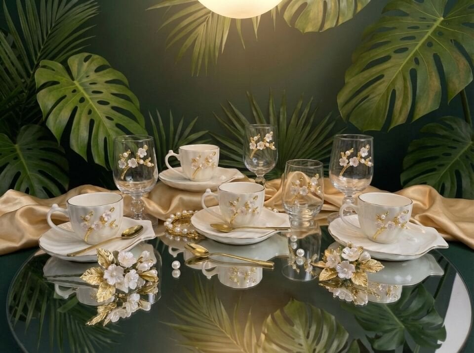 İstiridye Fincanlı Papatya Figürlü 6 Kişilik Kahve Sunum Seti – Cam Kadehli Türk Kahvesi Seti