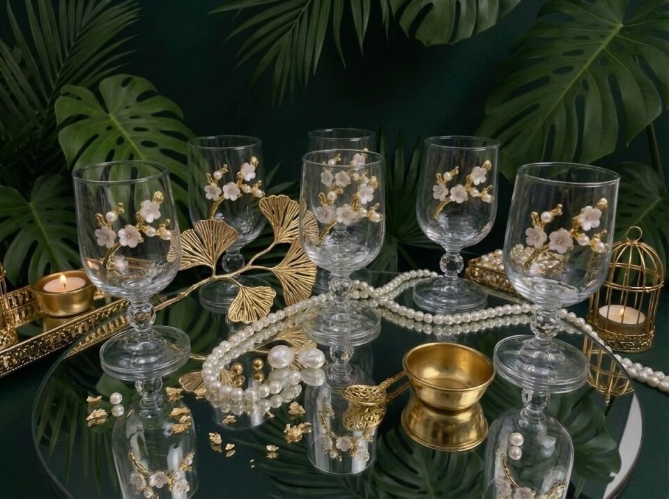 İstiridye Fincanlı Papatya Figürlü 6 Kişilik Kahve Sunum Seti – Cam Kadehli Türk Kahvesi Seti