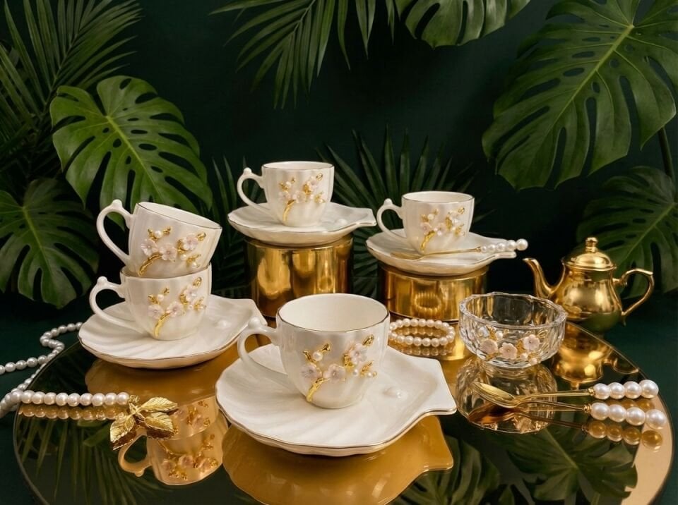 6 Kişilik İstiridye Tasarımlı Papatya Figürlü Türk Kahvesi Fincanı – Gold Detaylı Kahve Fincanı