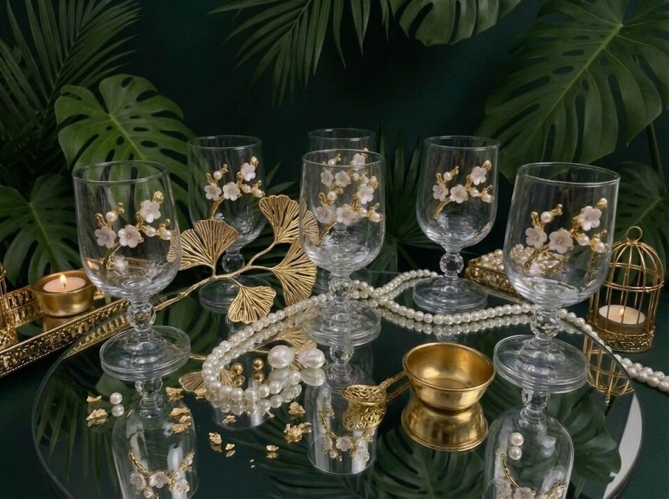 Papatya Figürlü 6 lı Cam Kahve Yanı Kadeh – Gold Detaylı Dekoratif Sunum Kadehi