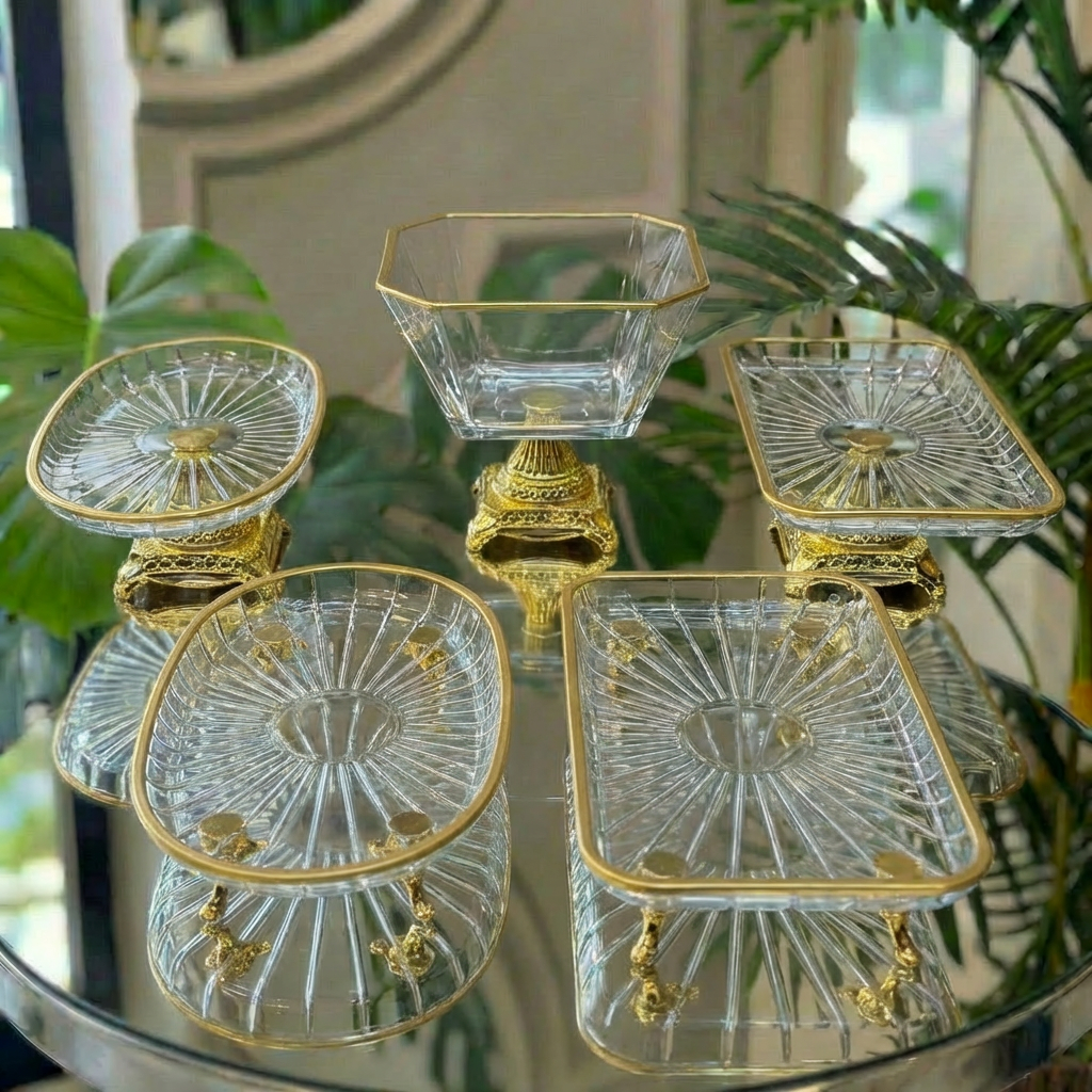 Yeni Gold Detaylı Cam 5 Parça Kahve Sunum Seti – Lokumluk, Çikolatalık, Sunumluk Söz Nişan(Kopya)