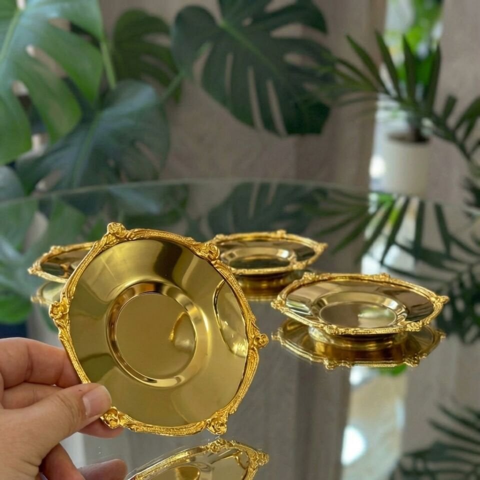 Gold - Gümüş  Dekoratif Çerçeveli 6’lı Metal Çay Tabağı Seti – Lüks Çay Sunum Tabağı