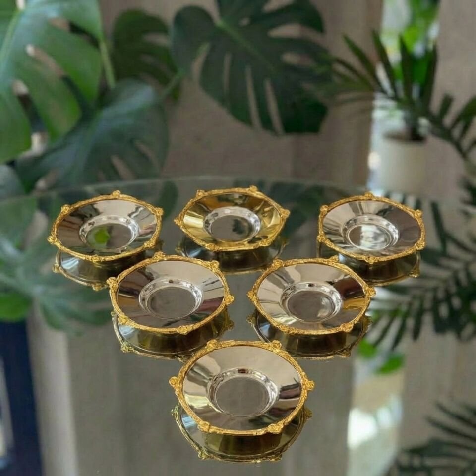 Gold - Gümüş  Dekoratif Çerçeveli 6’lı Metal Çay Tabağı Seti – Lüks Çay Sunum Tabağı