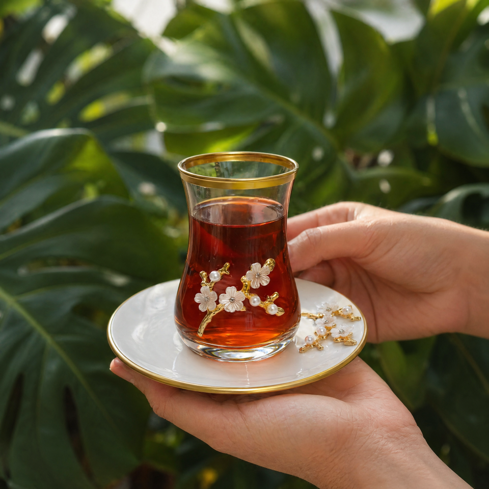 6 Kişilik Gold Detaylı Cam Çay Bardağı ve Porselen Tabak Seti Lüks Tasarım Sunumluk lüks çiçekli,