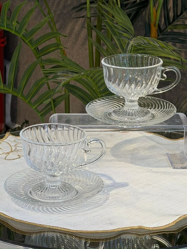 6 lı Lüks Füme/Şeffaf Cam Çay ve Kahve Fincanı Takımı | Vintage Çizgili Ayaklı Kahve Sunum Seti