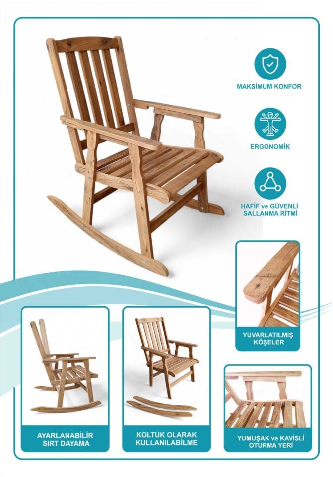 Ahşap Sallanan Sandalye Balkon Bahçe Teras Koltuğu Ayarlanabilir Sırt Dayamalı Ergonomik Mdf Dinlenme Koltuğu