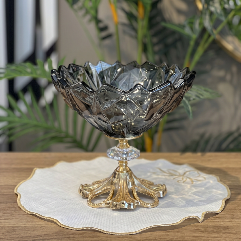 Patentli Tasarım Lüks Kristal Gold Ayaklı Sunumluk Kase - Tabak Meyvelik Şekerlik Dekoratif Obje
