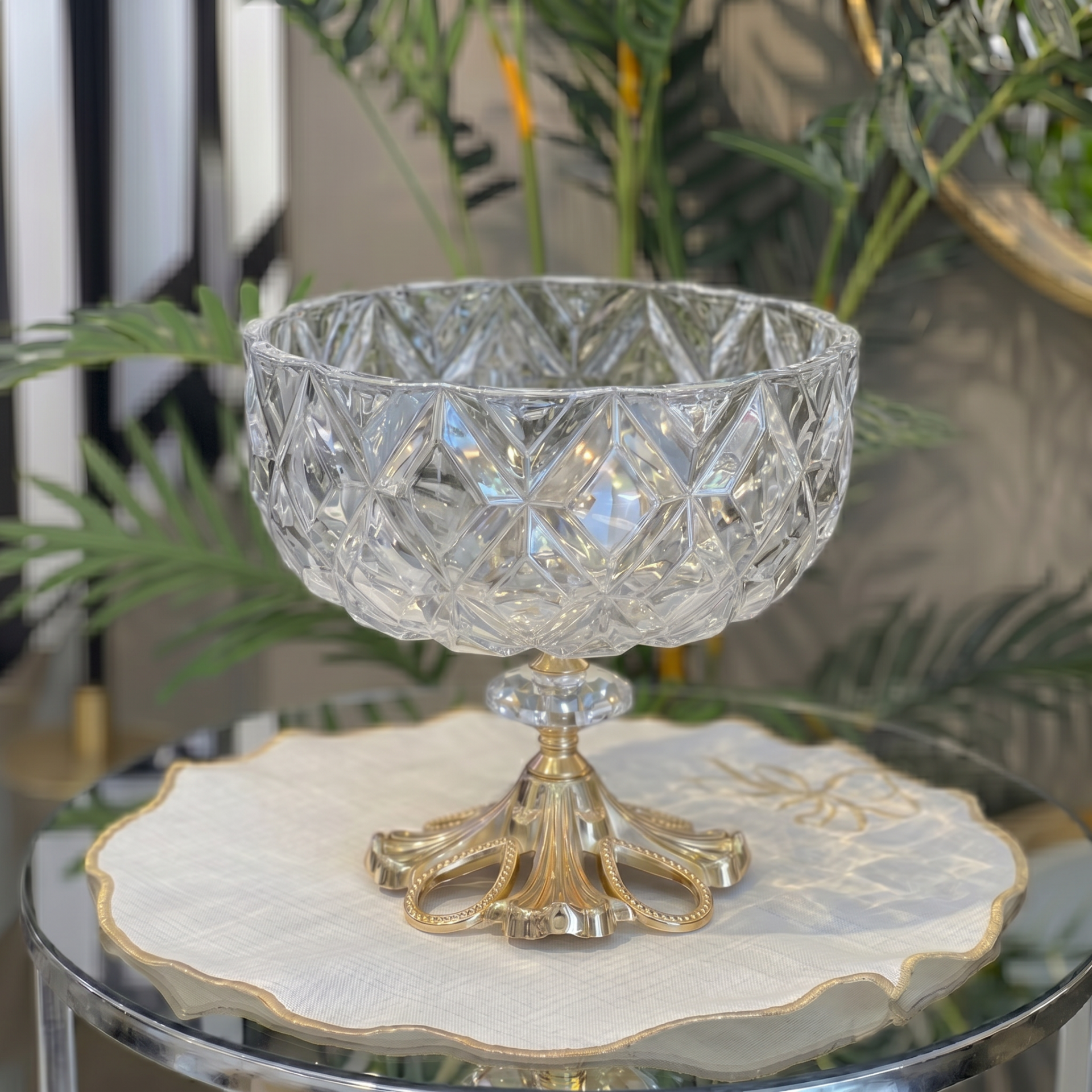Patentli Tasarım Lüks Kristal Gold Ayaklı Sunumluk Kase - Tabak Meyvelik Şekerlik Dekoratif Obje Şefaf