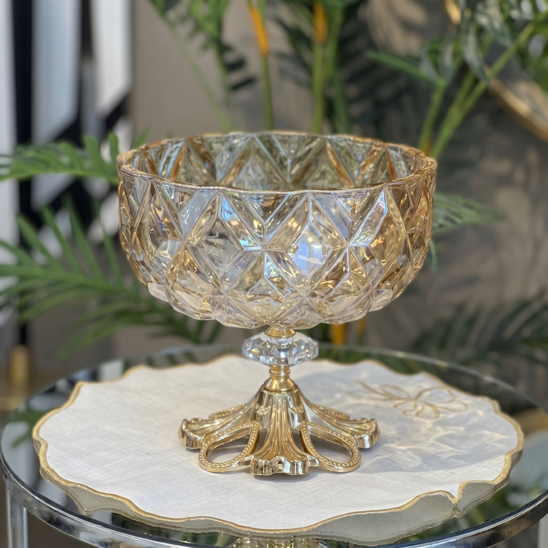 Patentli Tasarım Lüks Kristal Gold Ayaklı Sunumluk Kase - Tabak Meyvelik Şekerlik Dekoratif Obje yuvarlakgold