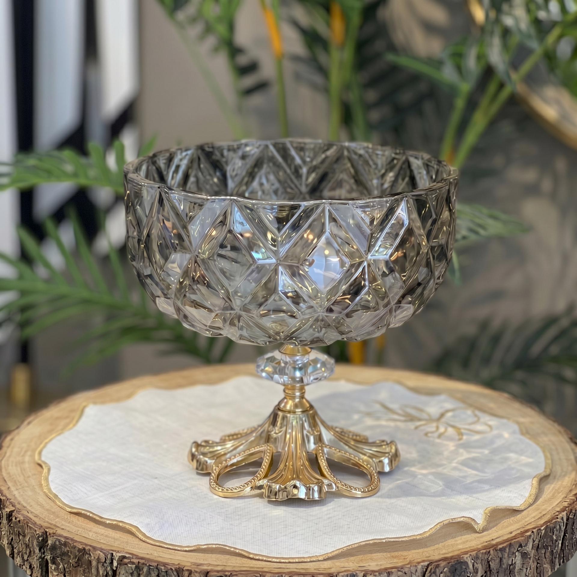 Patentli Tasarım Lüks Kristal Gold Ayaklı Sunumluk Kase - Tabak Meyvelik Şekerlik Dekoratif Obje yuvarlakfüme