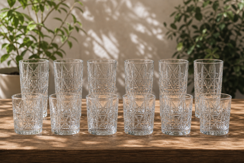 12 Parça Kristal Görünümlü Su Takımı – 6 Uzun 6 Kısa Bardak Seti – Şık Desenli Su ve Meşrubat Bardağı keops